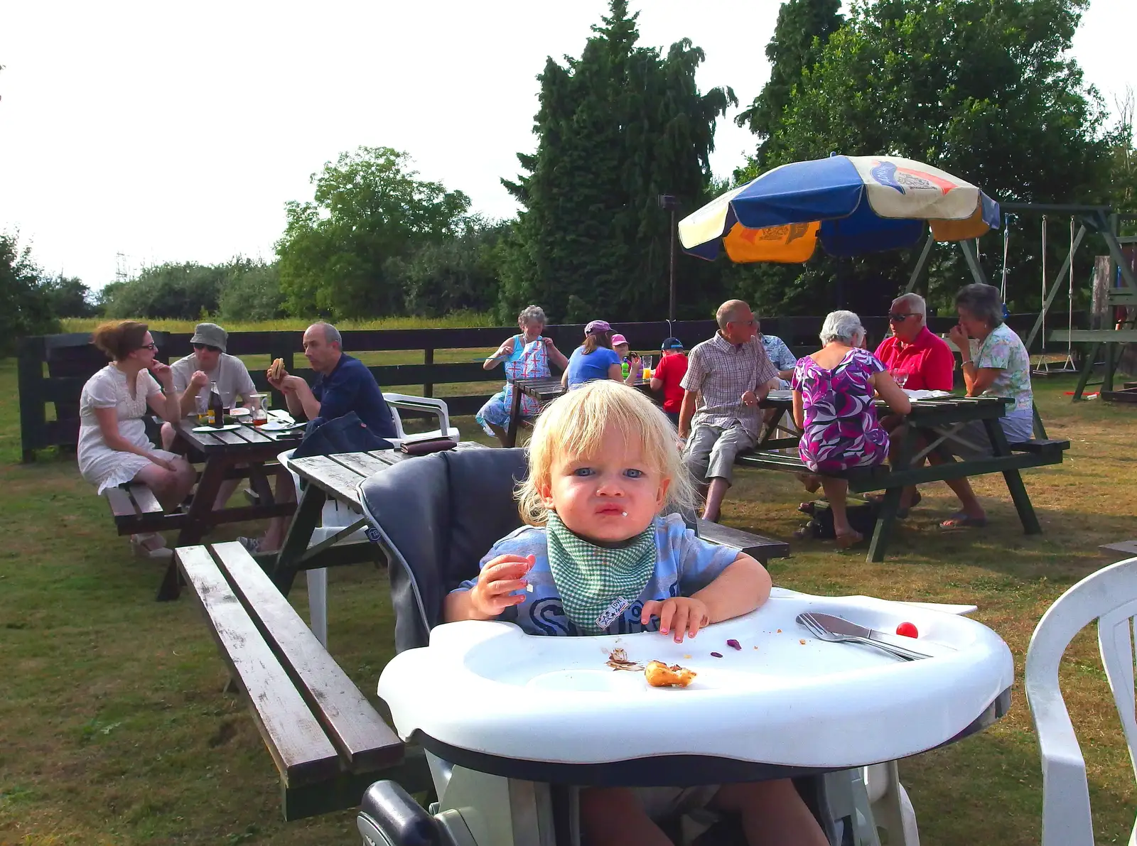 Harry in a high chair, from The BSCC at Wingfield, and a Swan Inn Barbeque, Brome - 4th August 2013