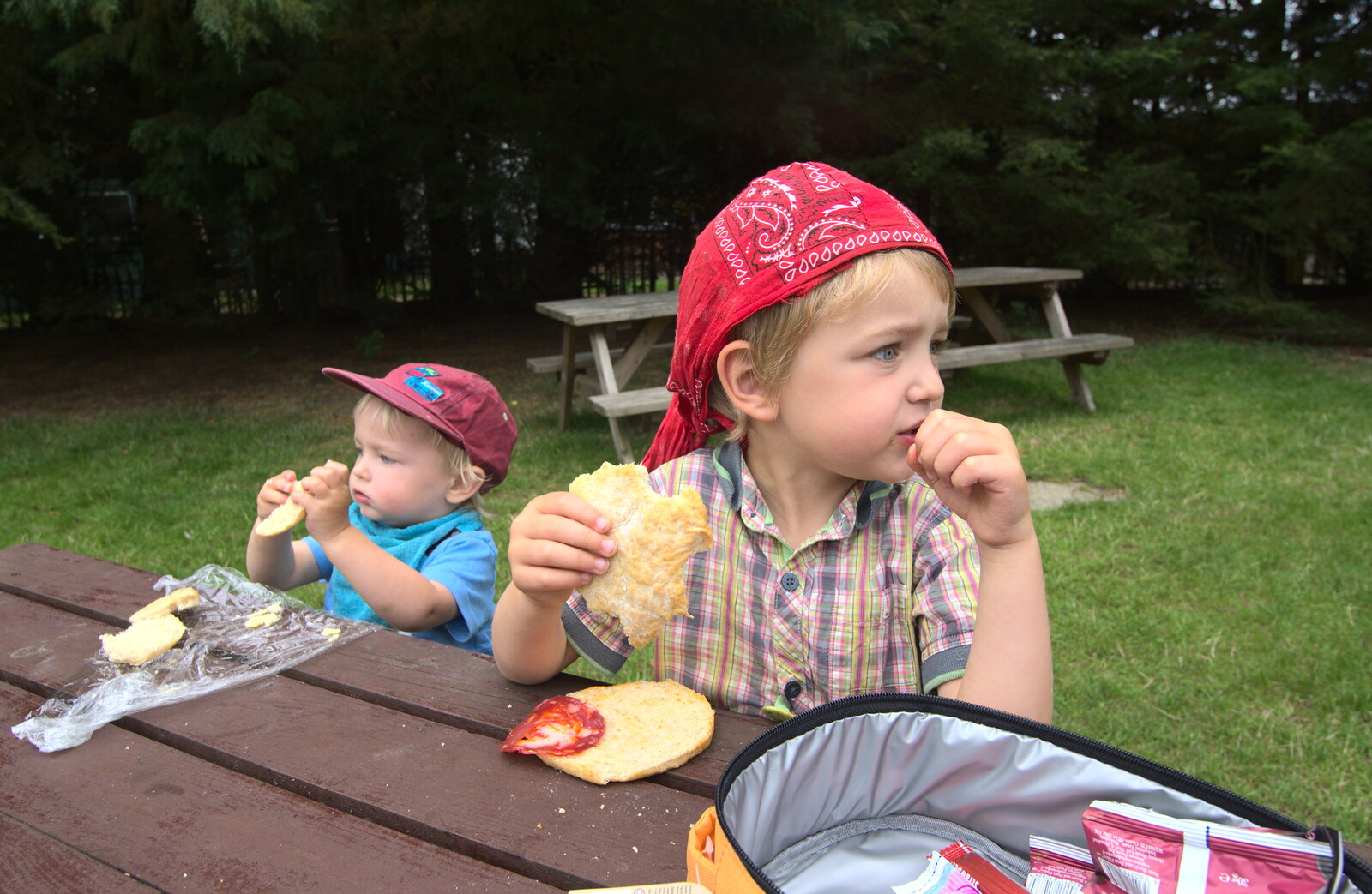 Harry and Fred eat their picnic from Tiger Cubs at Banham Zoo, Banham, Norfolk - 6th August 2013