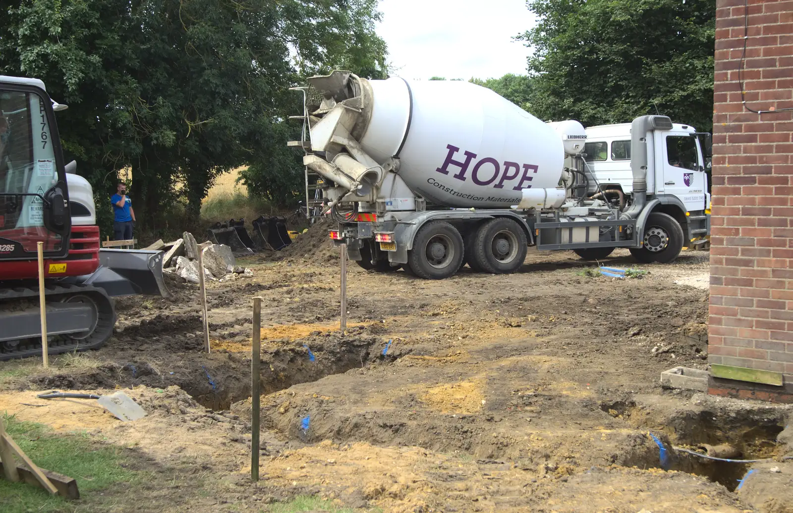 The concrete mixer gets ready with the first load, from Grand Designs: Building Commences, Brome, Suffolk - 8th August 2013