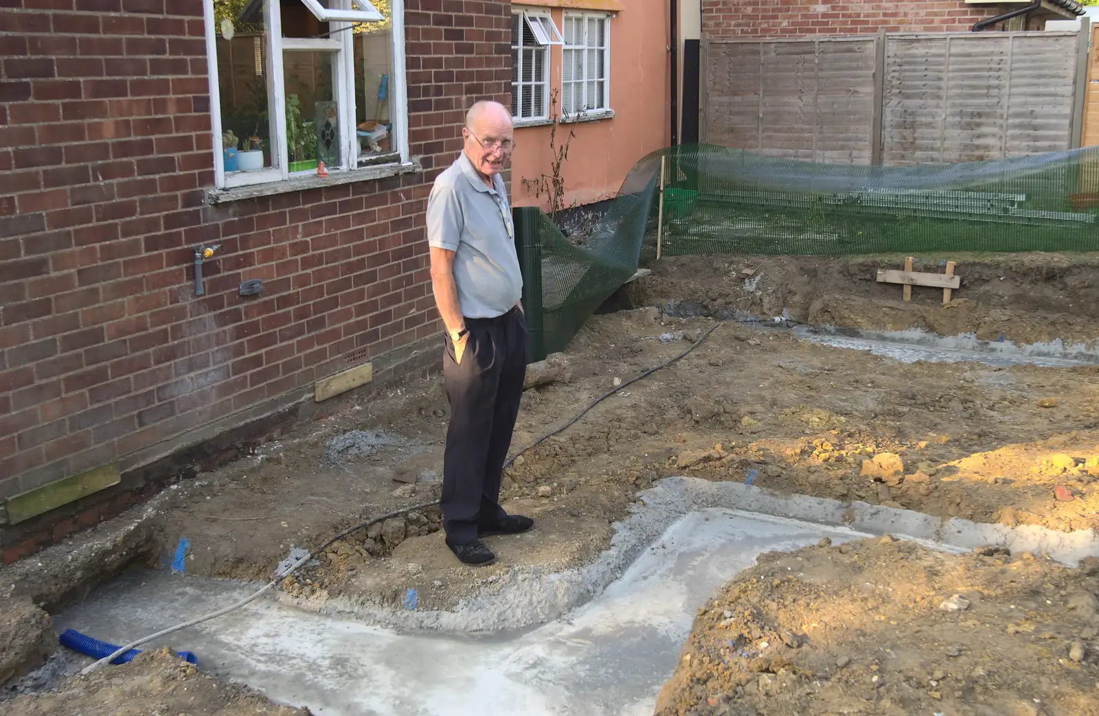 Grandad roams around in slippers, from Grand Designs: Building Commences, Brome, Suffolk - 8th August 2013