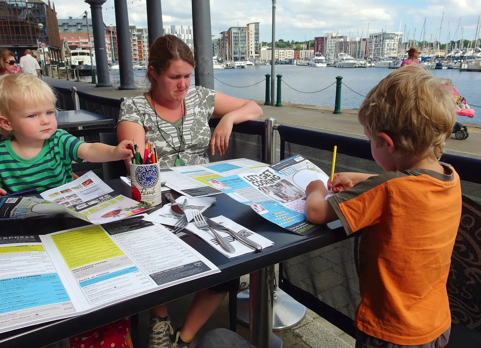 Fred does some drawing, from A Trip to Pizza Express, Nepture Quay, Ipswich, Suffolk - 9th August 2013