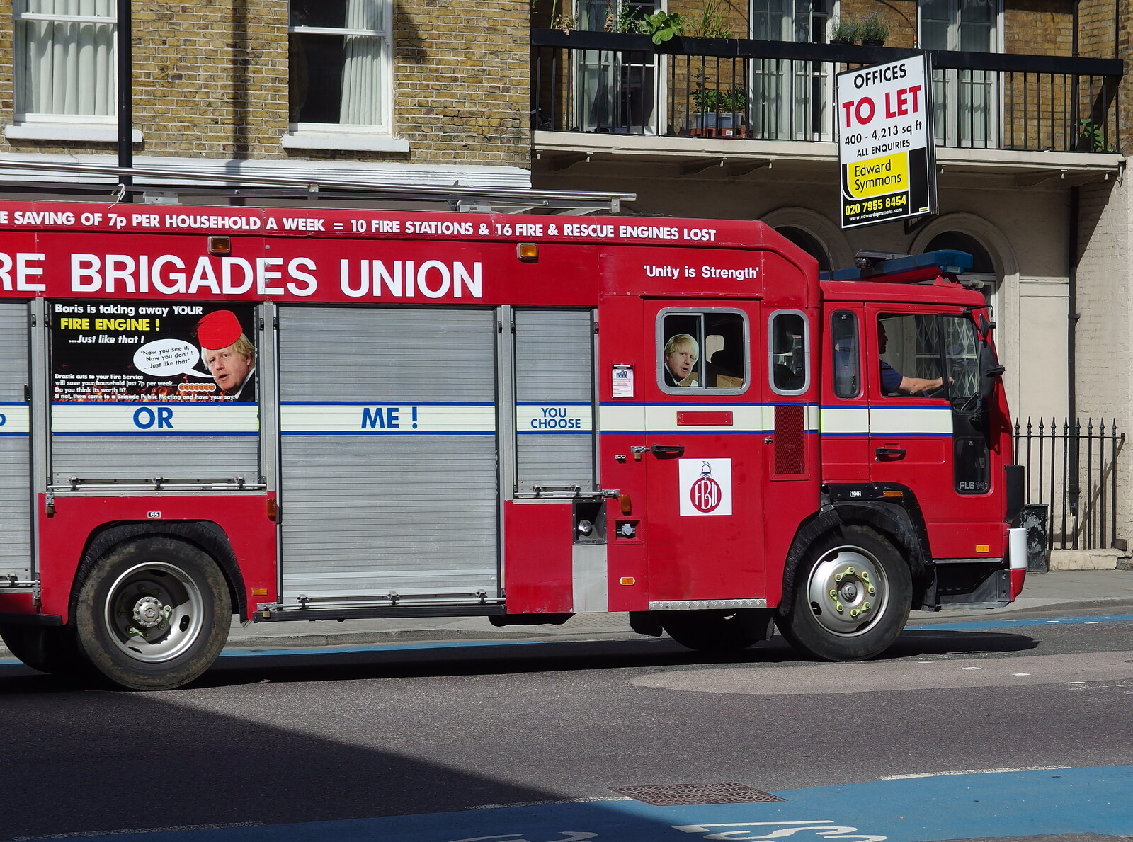 A protesting fire engine in Southwark from A Trip to Pizza Express, Nepture Quay, Ipswich, Suffolk - 9th August 2013