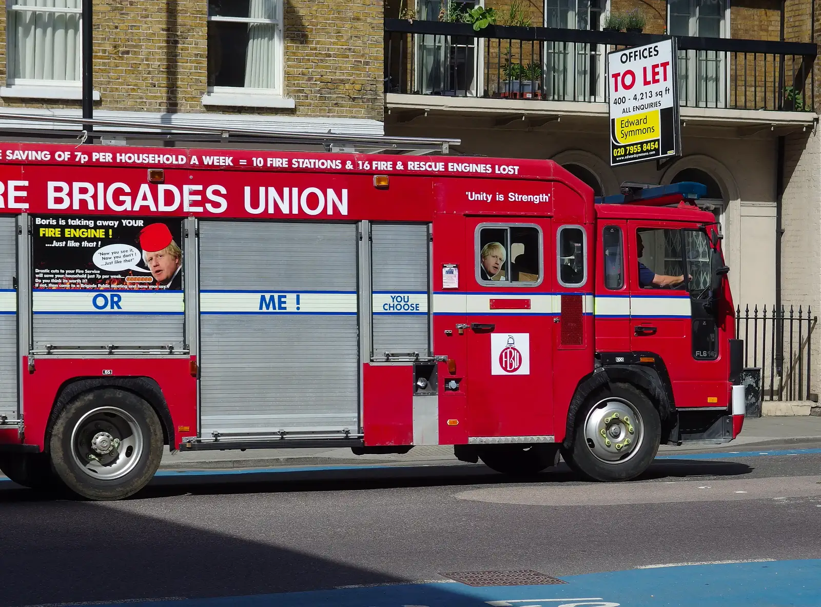 A protesting fire engine in Southwark, from A Trip to Pizza Express, Nepture Quay, Ipswich, Suffolk - 9th August 2013