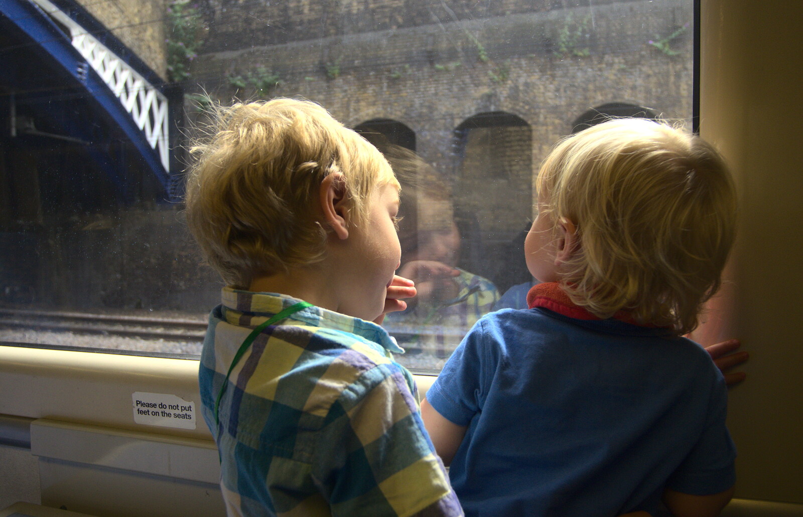 Fred and Harry look out of the train window from Spitalfields and Brick Lane Street Art, Whitechapel, London - 10th August 2013