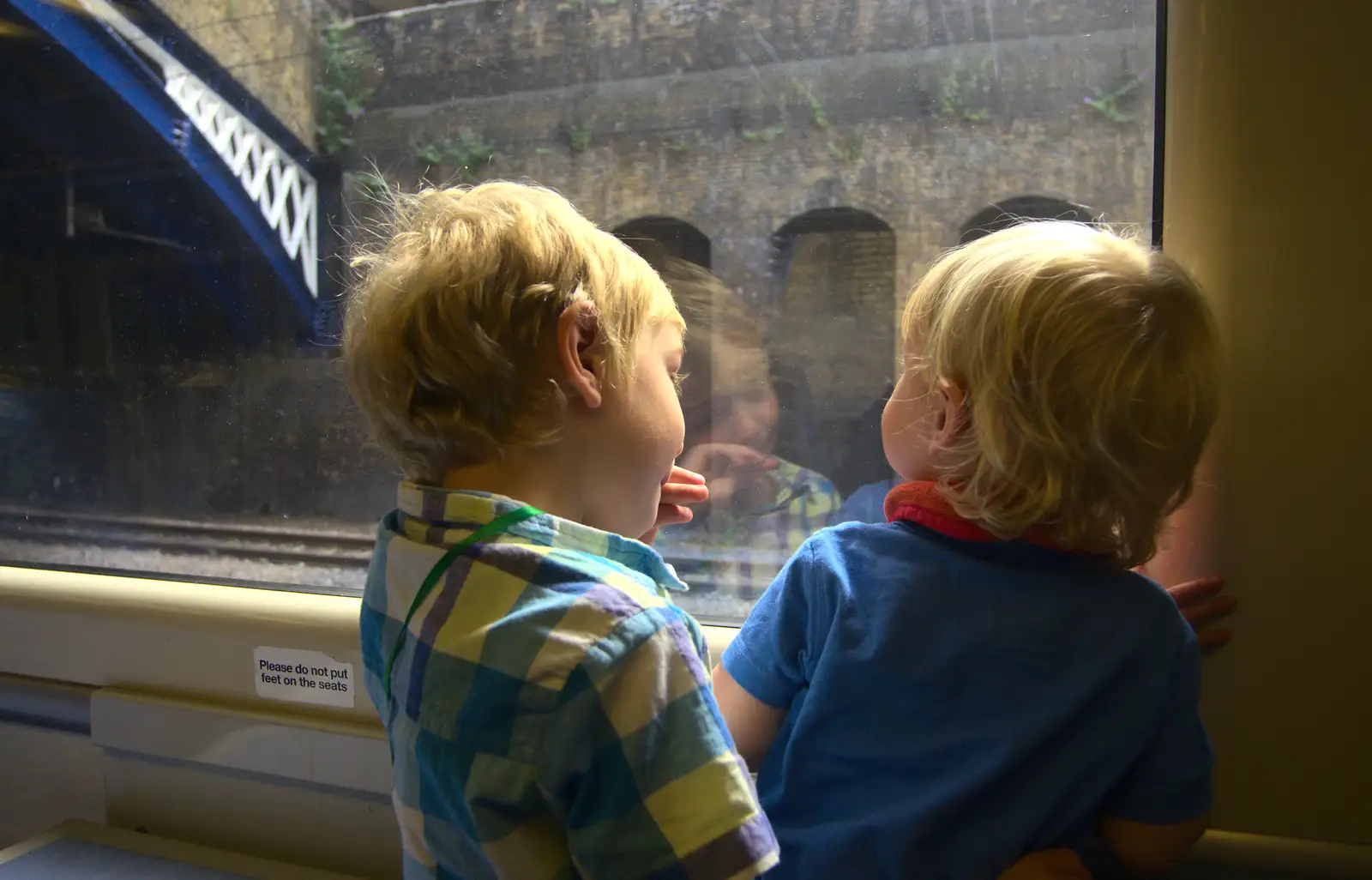 Fred and Harry look out of the train window, from Spitalfields and Brick Lane Street Art, Whitechapel, London - 10th August 2013