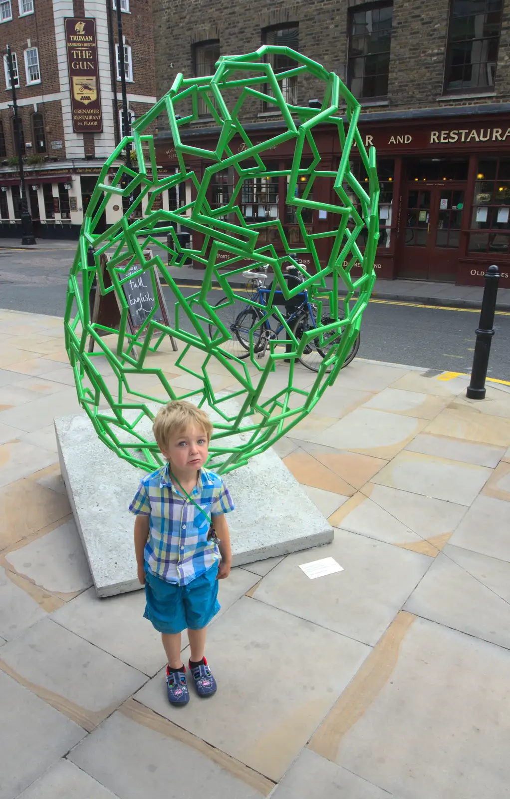 Fred looks comically glum by a metal sculpture, from Spitalfields and Brick Lane Street Art, Whitechapel, London - 10th August 2013