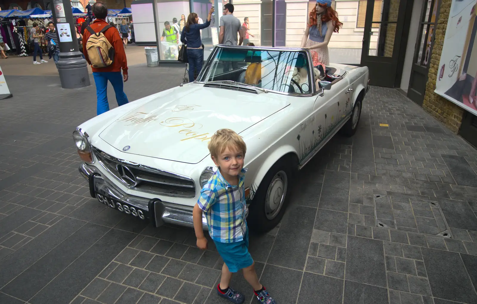 Fred hangs around in front of a classic Mercedes, from Spitalfields and Brick Lane Street Art, Whitechapel, London - 10th August 2013