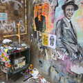Stickered gas meter and wall art on Hanbury Street, Spitalfields and Brick Lane Street Art, Whitechapel, London - 10th August 2013