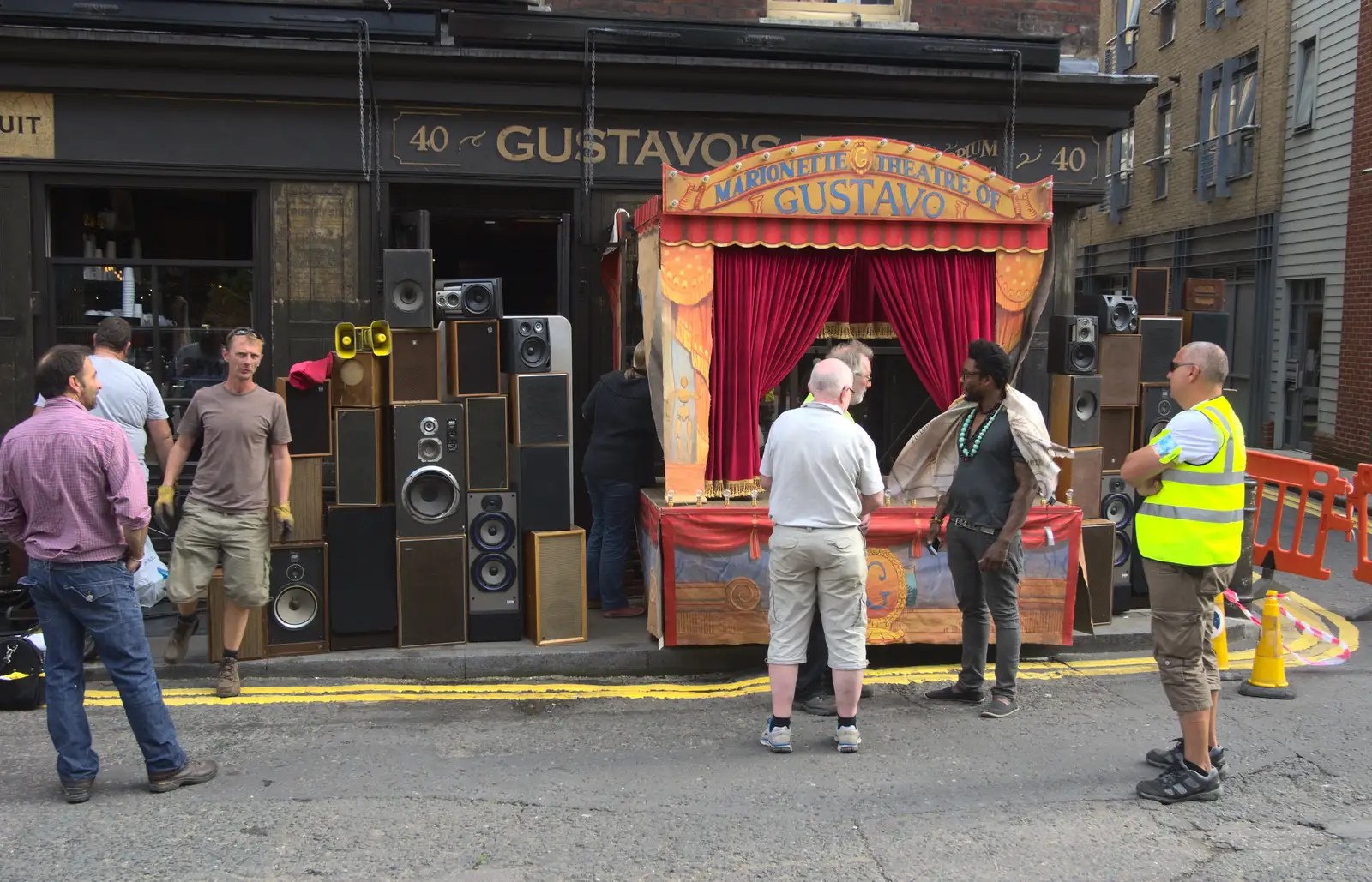 A face-off with a theatre and a speaker stack, from Spitalfields and Brick Lane Street Art, Whitechapel, London - 10th August 2013