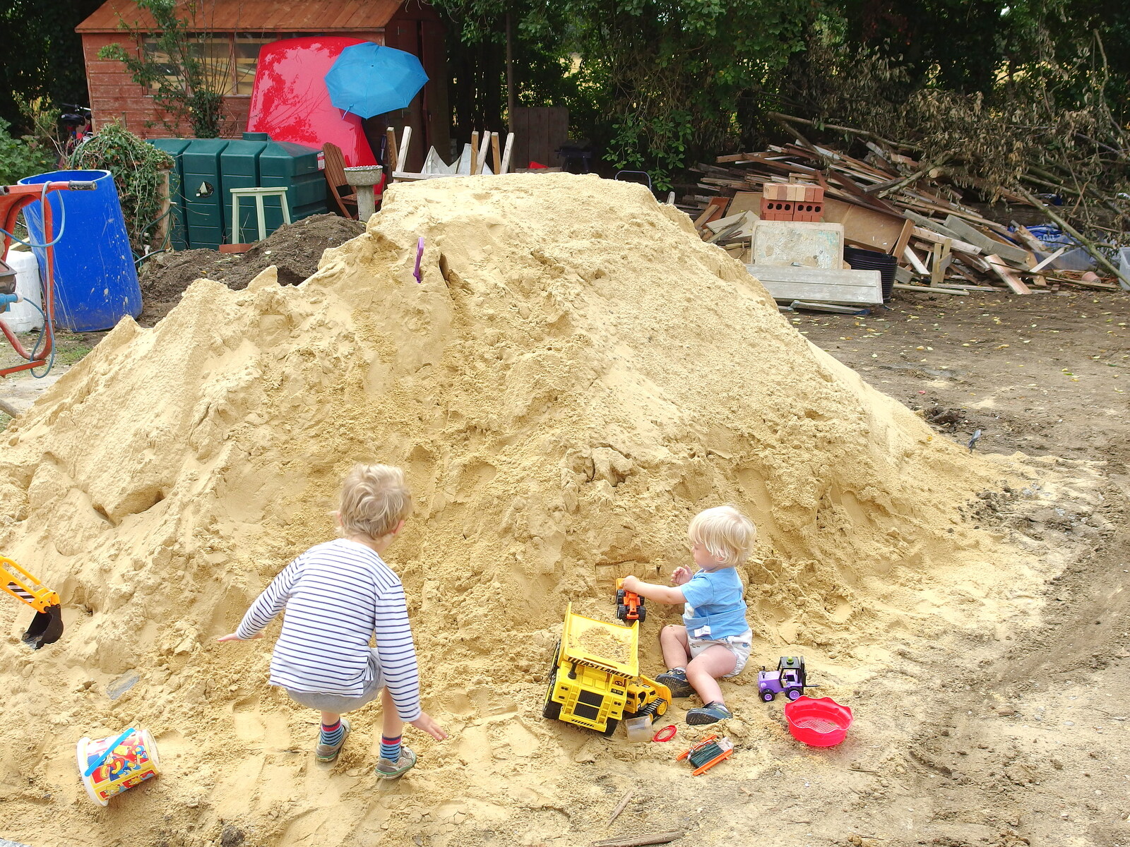 The boys and their big sand pile from A Giant Sand Pile, and a Walk at Thornham, Suffolk - 17th August 2013