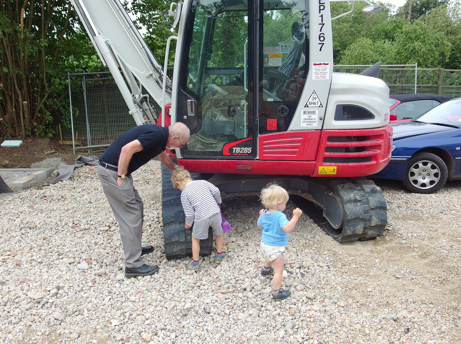 Grandad and Fred look at digger tracks from A Giant Sand Pile, and a Walk at Thornham, Suffolk - 17th August 2013