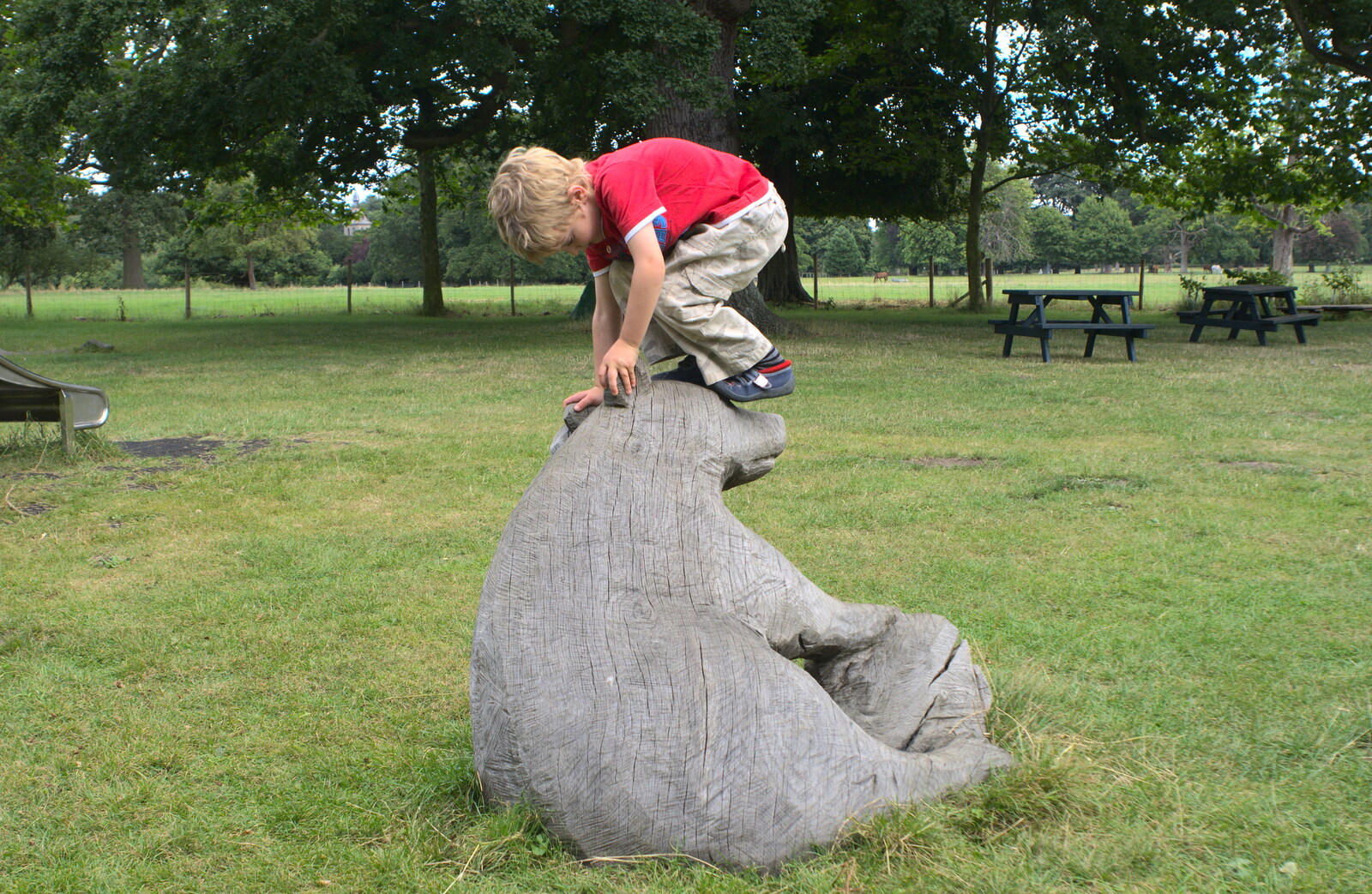 Fred climbs on a bear from A Giant Sand Pile, and a Walk at Thornham, Suffolk - 17th August 2013
