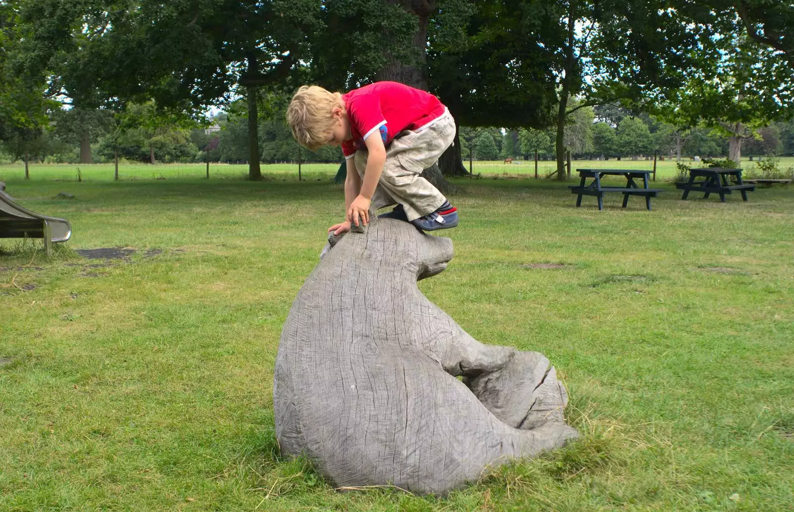 Fred climbs on a bear, from A Giant Sand Pile, and a Walk at Thornham, Suffolk - 17th August 2013