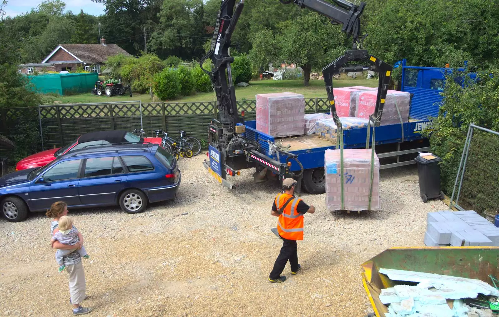 A pallet of bricks is unloaded, from A Giant Sand Pile, and a Walk at Thornham, Suffolk - 17th August 2013