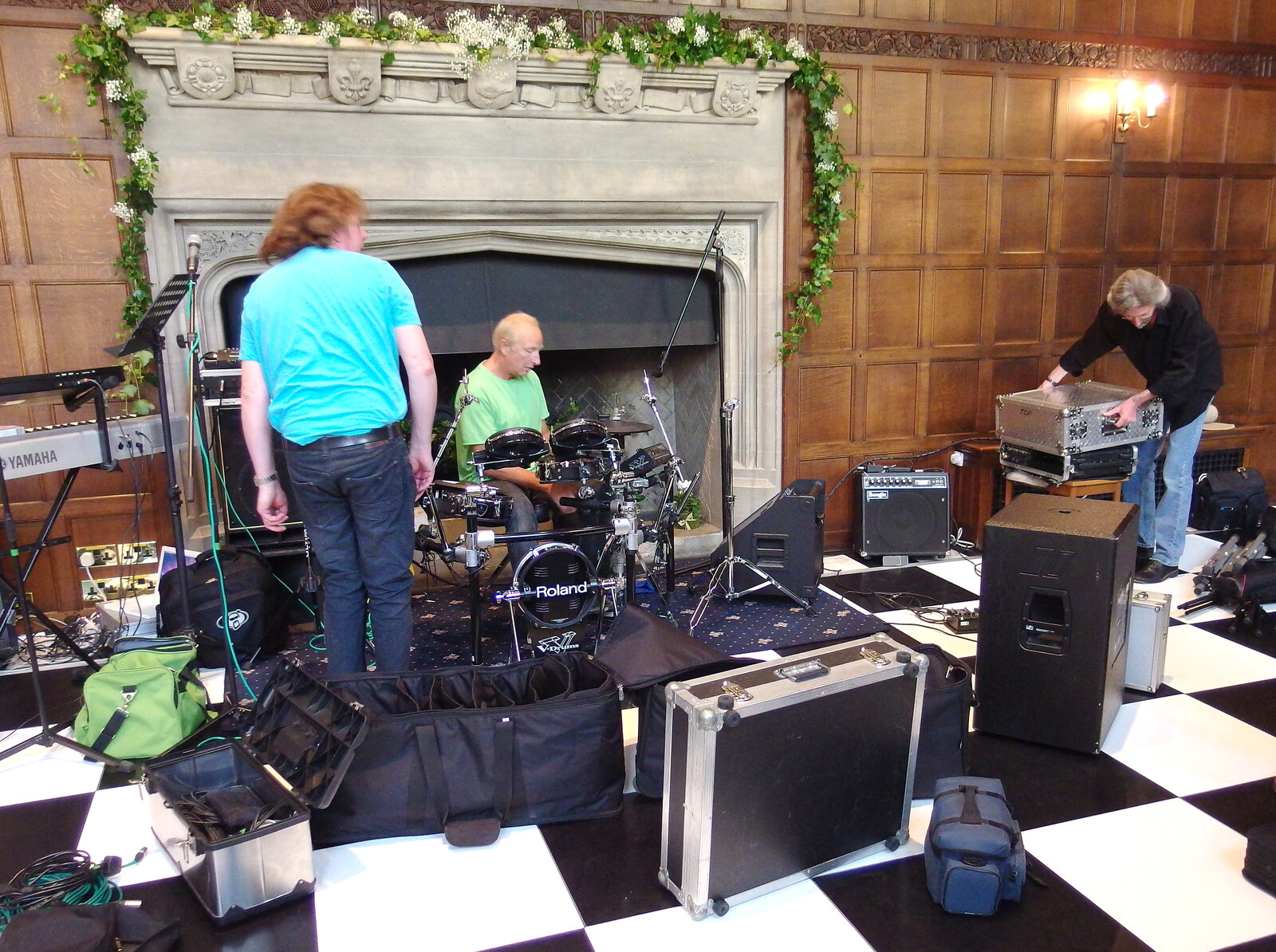 The BBs set up in front of the fireplace from The BBs at Hengrave Hall, Hengrave, Suffolk - 18th August 2013