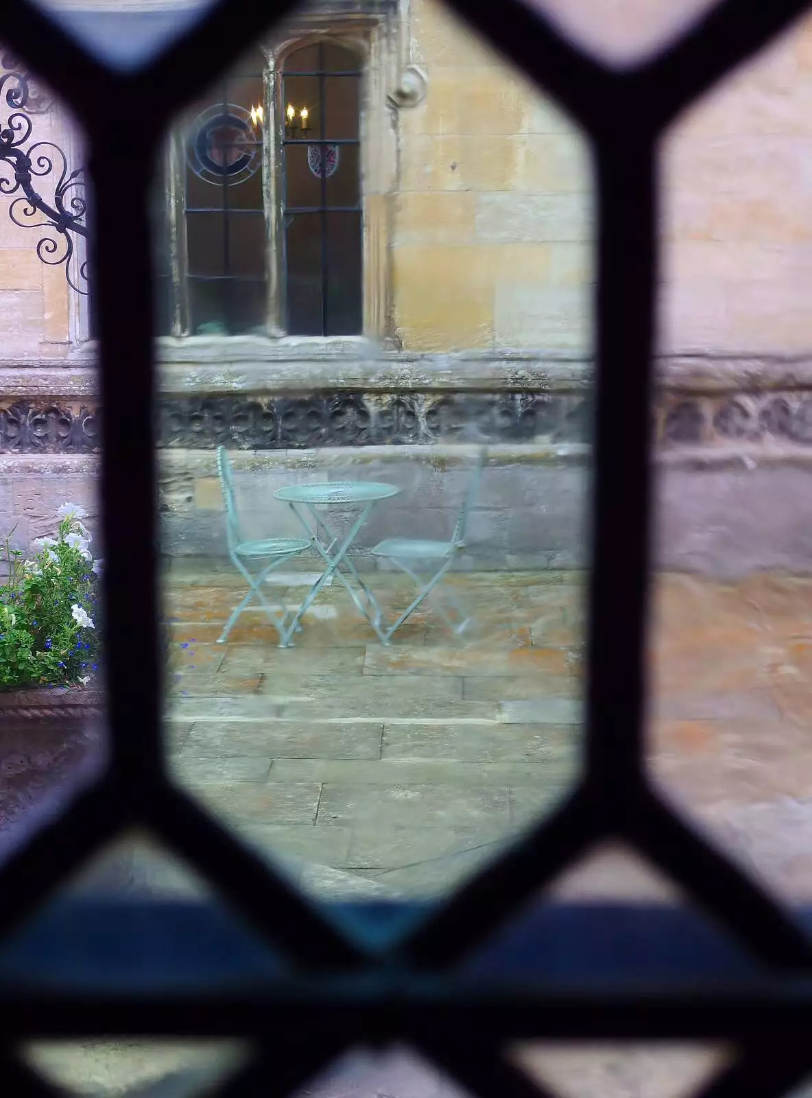 Bistro café tables through mediaeval glass, from The BBs at Hengrave Hall, Hengrave, Suffolk - 18th August 2013