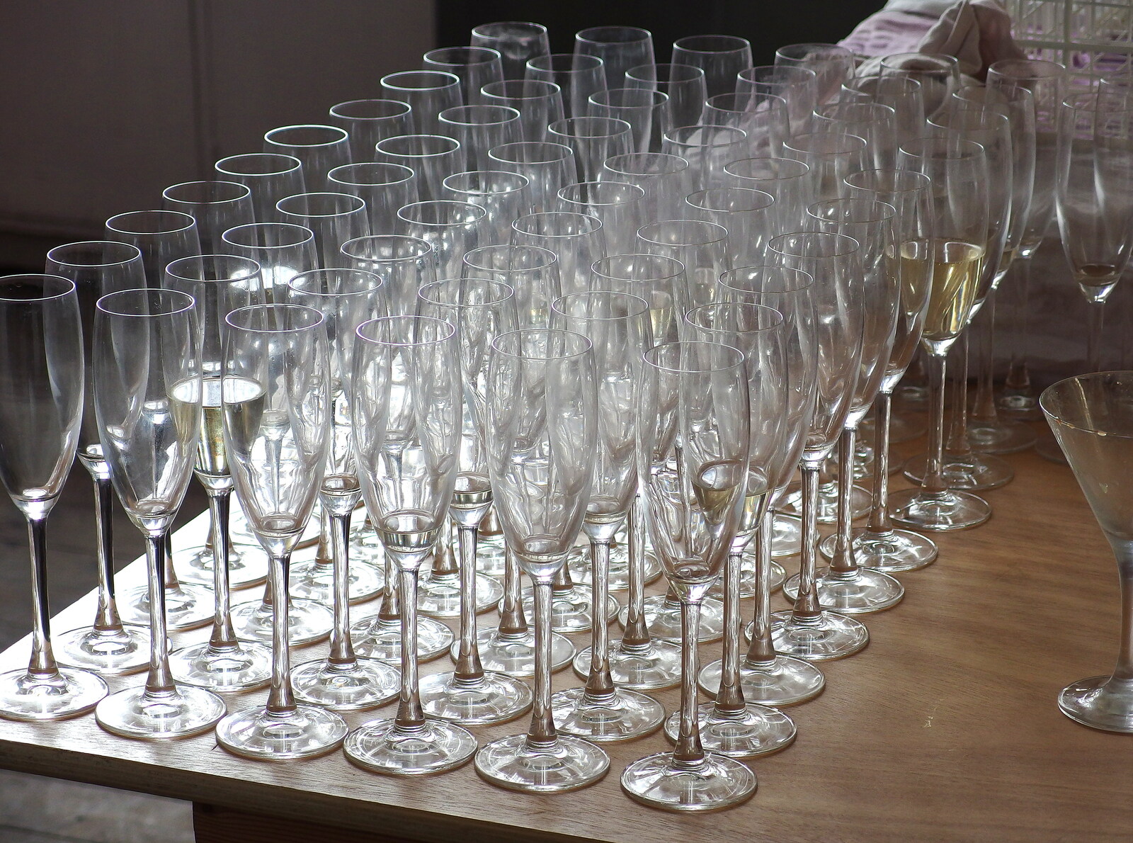 A stack of used champagne glasses from The BBs at Hengrave Hall, Hengrave, Suffolk - 18th August 2013