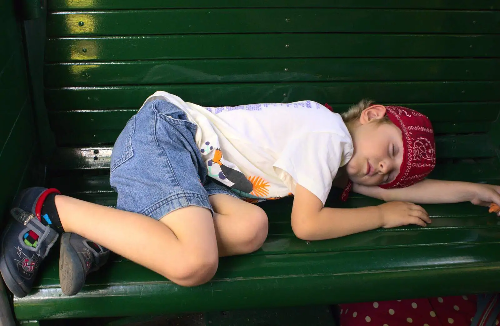 Fred pretends to be asleep on the steam train ride, from Bressingham Gardens, and Building Progress, Brome, Suffolk - 26th August 2013