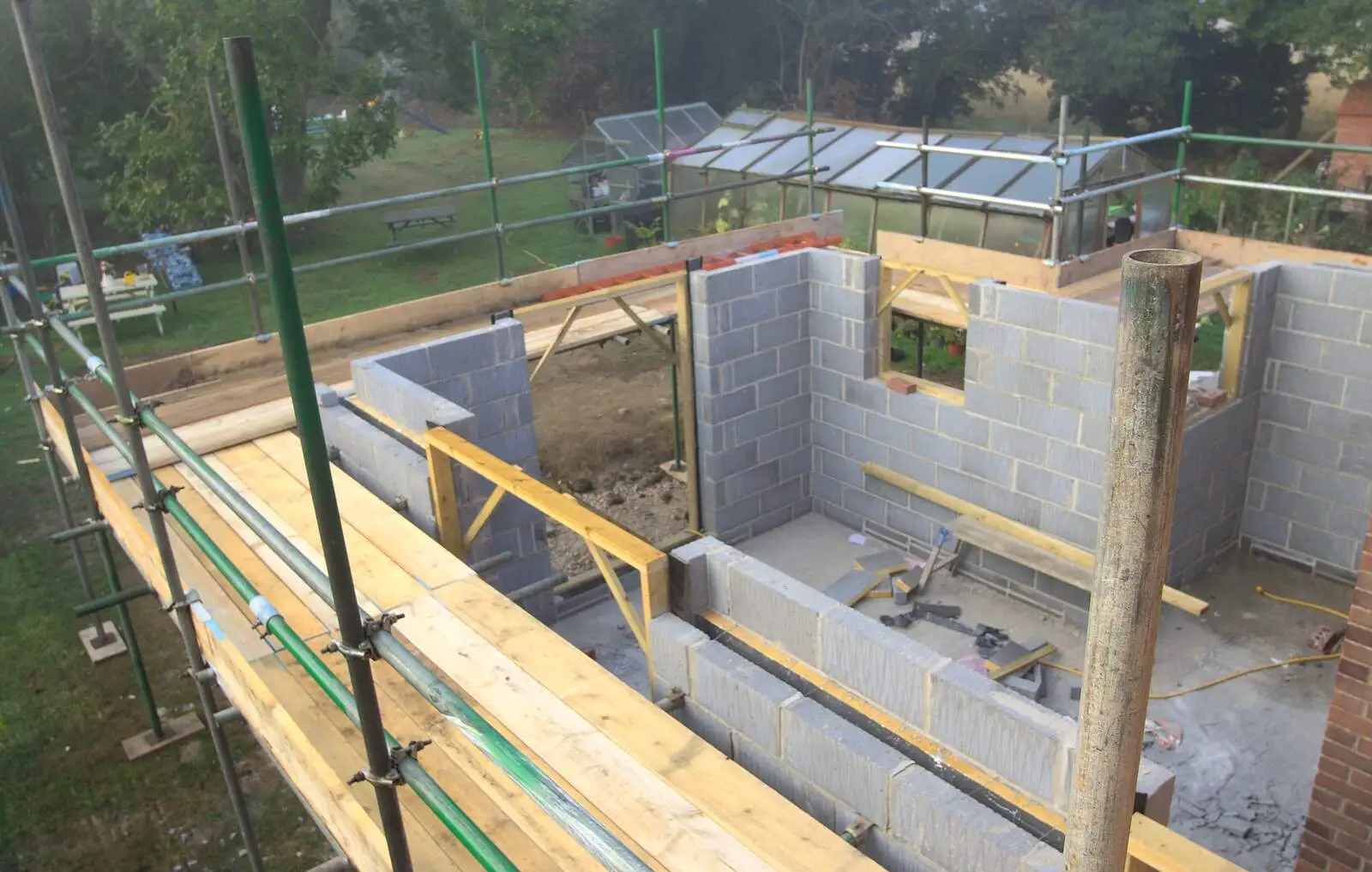 A misty morning view as the scaffolding goes up, from Bressingham Gardens, and Building Progress, Brome, Suffolk - 26th August 2013