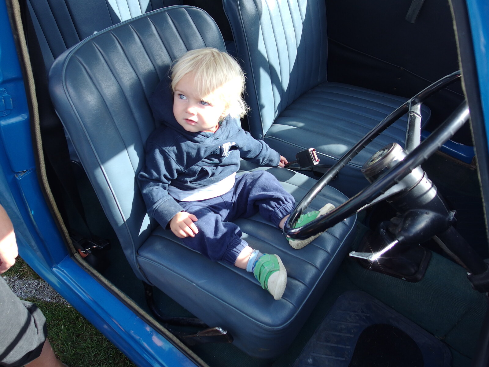 Harry sits in an Austin A35 from Stradbroke Classic Car Show, Stradbroke, Suffolk - 7th September 2013