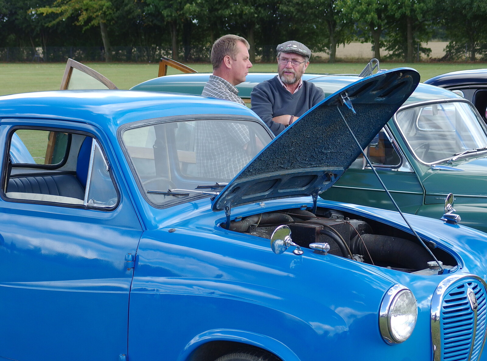 Andrew's got the bonnet of his A35 up from Stradbroke Classic Car Show, Stradbroke, Suffolk - 7th September 2013