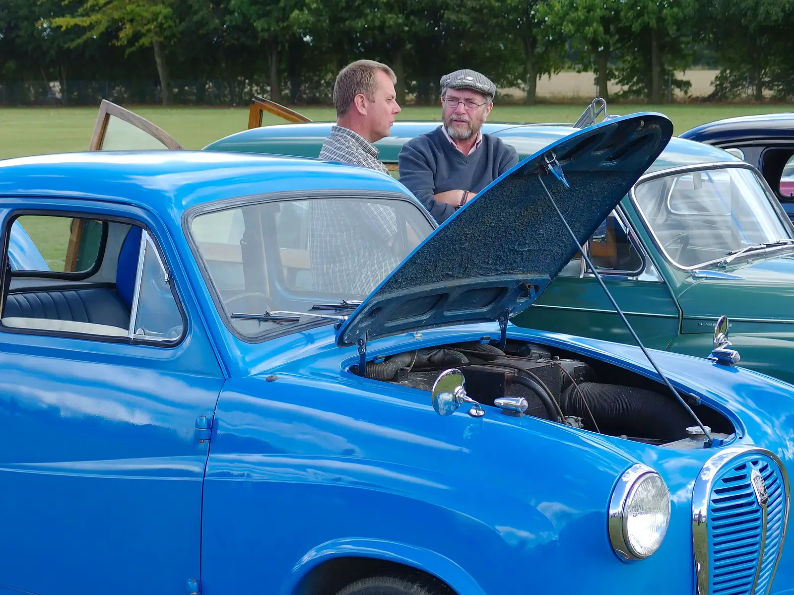 Andrew's got the bonnet of his A35 up, from Stradbroke Classic Car Show, Stradbroke, Suffolk - 7th September 2013