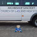 Paul Bear sits in front of a school minibus, Paul Bear's Adventures at a 1940s Steam Weekend, Holt, Norfolk - 22nd September 2013