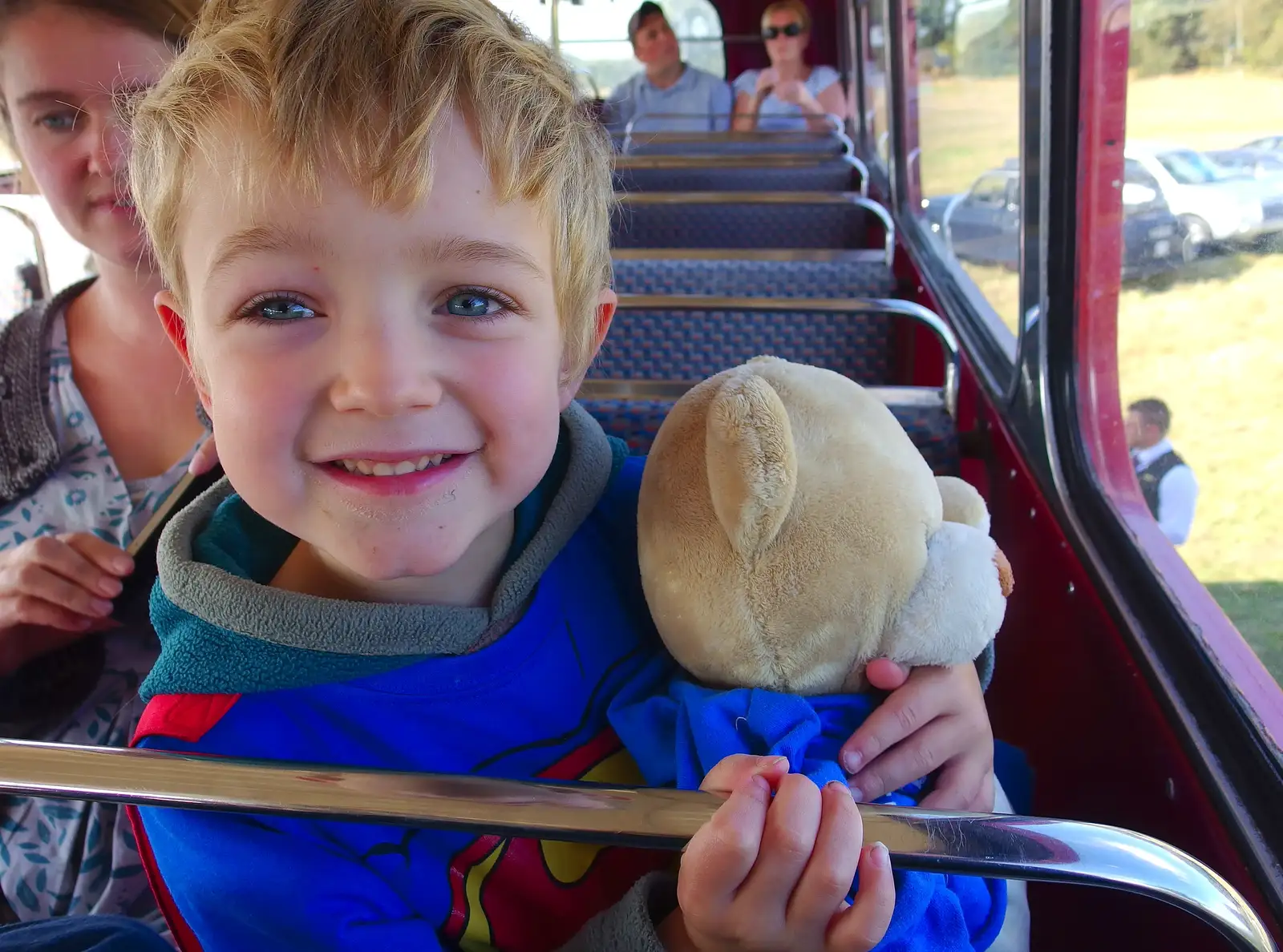 Fred and the bear on a bus, from Paul Bear's Adventures at a 1940s Steam Weekend, Holt, Norfolk - 22nd September 2013