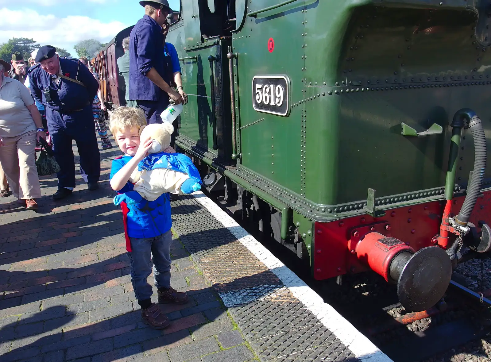 Fred and Paul Bear in front of the steam engine, from Paul Bear's Adventures at a 1940s Steam Weekend, Holt, Norfolk - 22nd September 2013