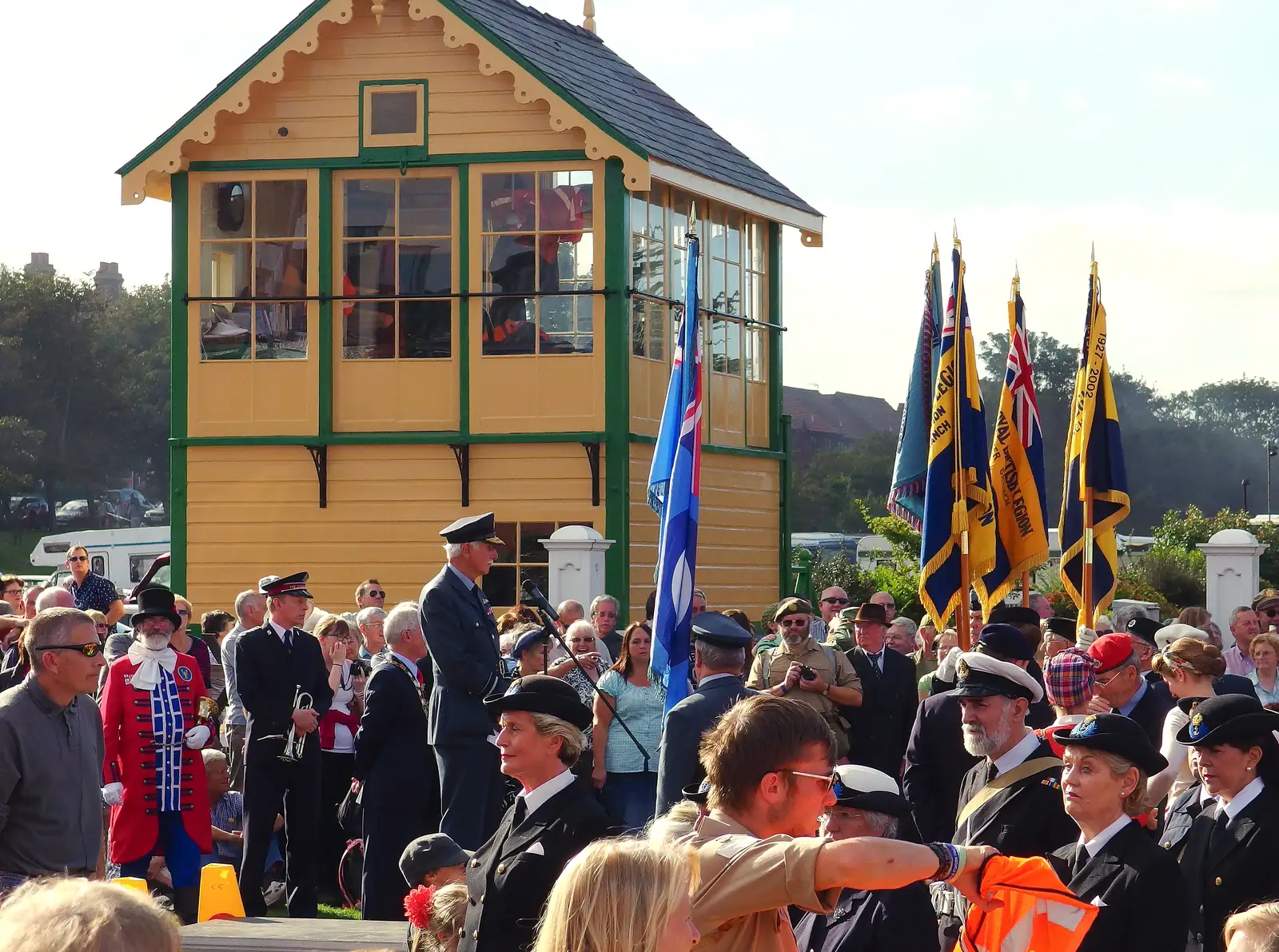 There's a speech by the signal box, from Paul Bear's Adventures at a 1940s Steam Weekend, Holt, Norfolk - 22nd September 2013