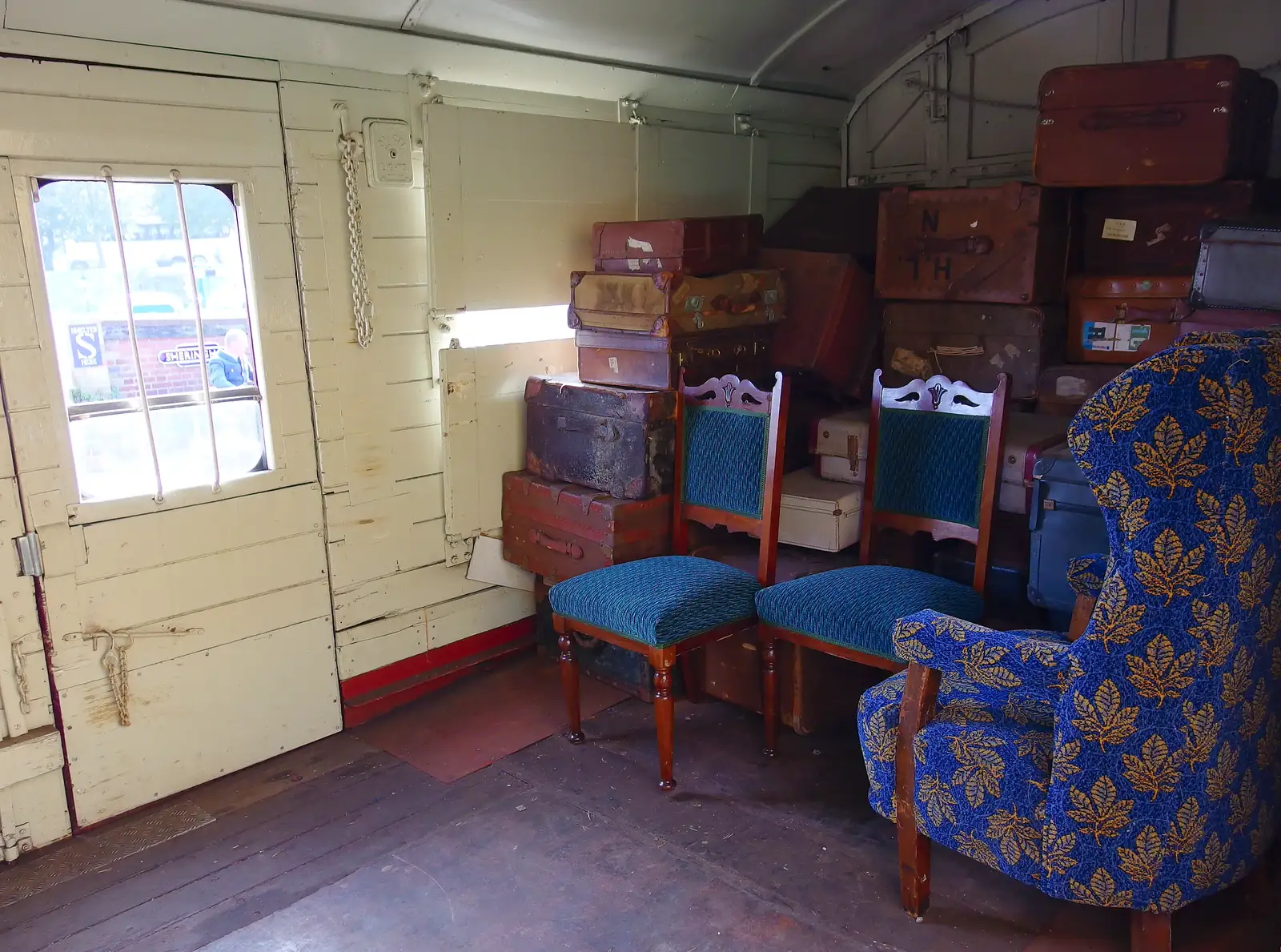 Cases and furniture in the guard's/parcel van, from Paul Bear's Adventures at a 1940s Steam Weekend, Holt, Norfolk - 22nd September 2013