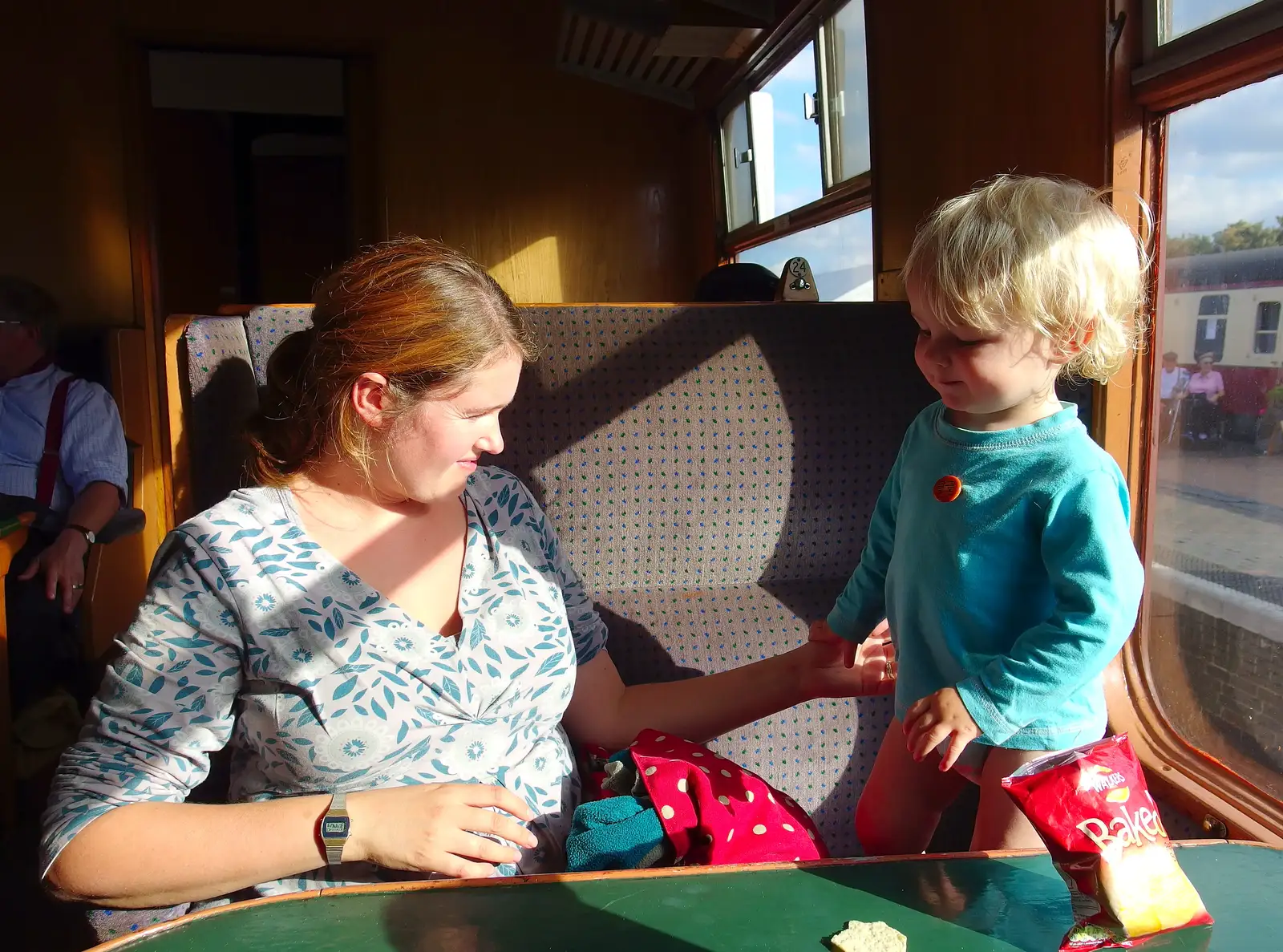 Isobel and Harry back on the train, from Paul Bear's Adventures at a 1940s Steam Weekend, Holt, Norfolk - 22nd September 2013