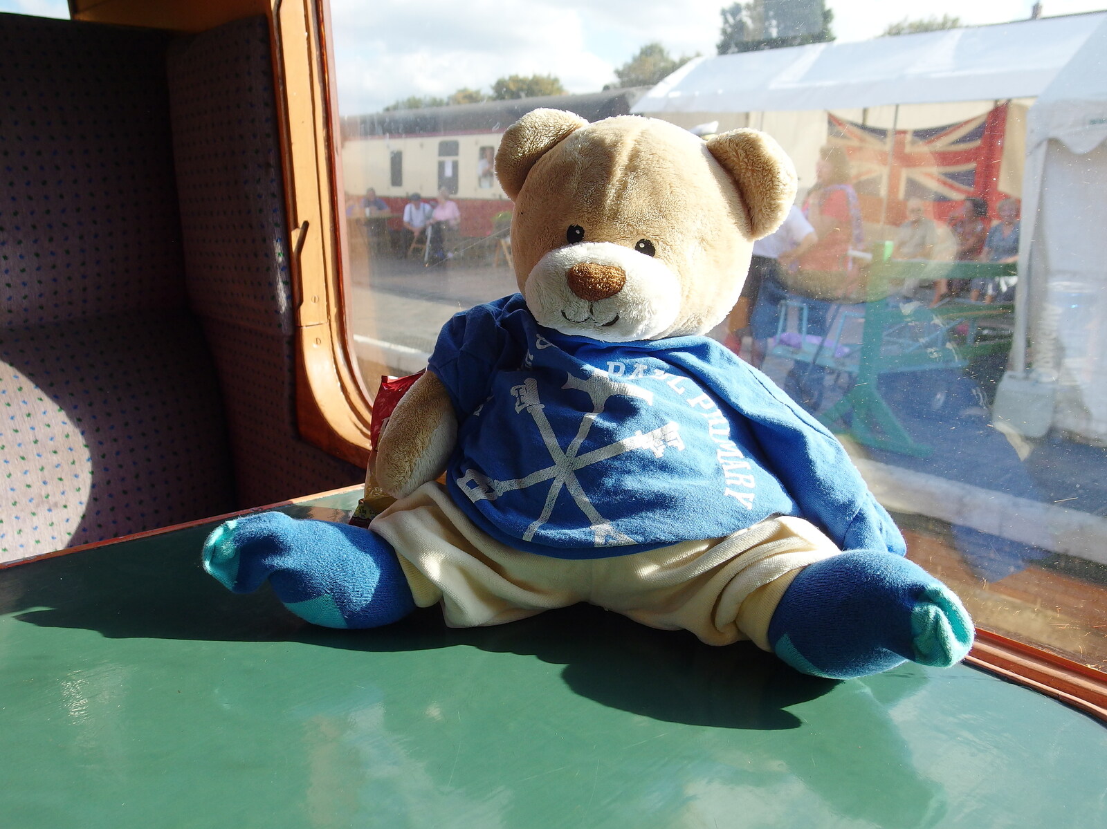 Paul Bear sits on a table from Paul Bear's Adventures at a 1940s Steam Weekend, Holt, Norfolk - 22nd September 2013