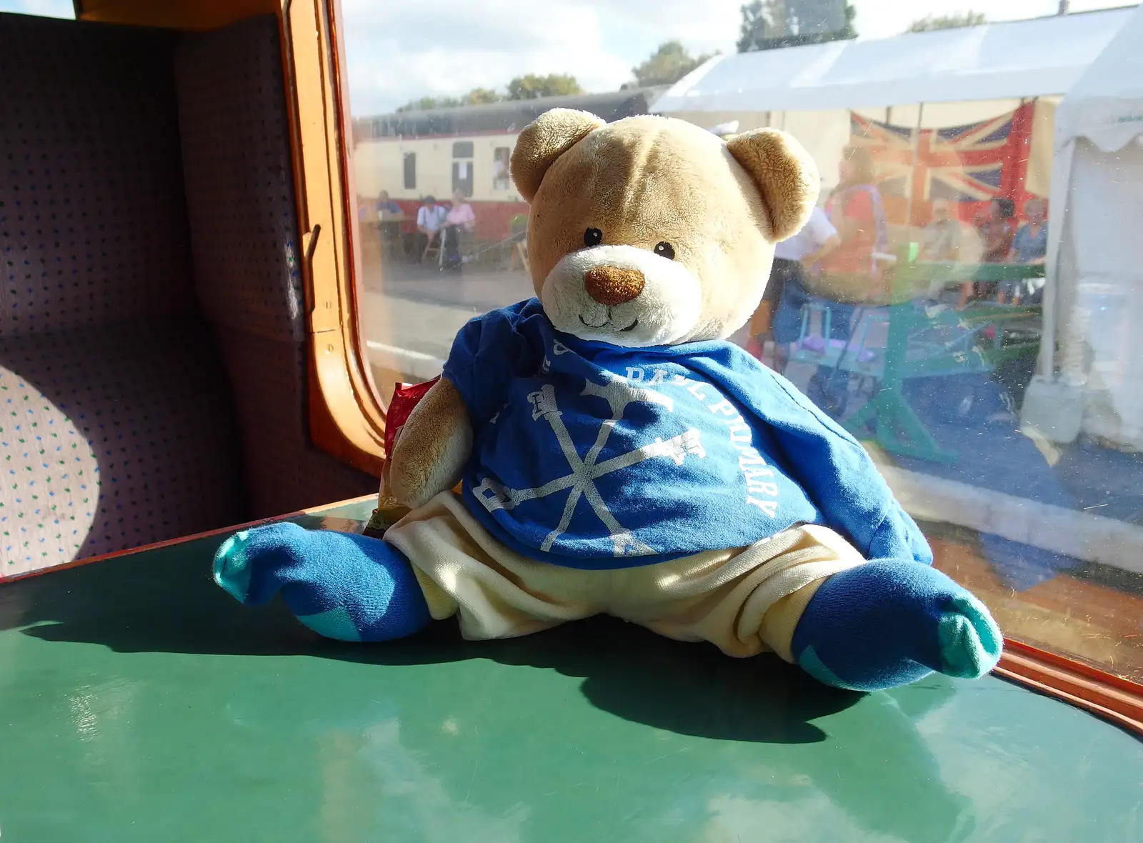 Paul Bear sits on a table, from Paul Bear's Adventures at a 1940s Steam Weekend, Holt, Norfolk - 22nd September 2013