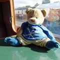 Paul Bear sits on a table, Paul Bear's Adventures at a 1940s Steam Weekend, Holt, Norfolk - 22nd September 2013