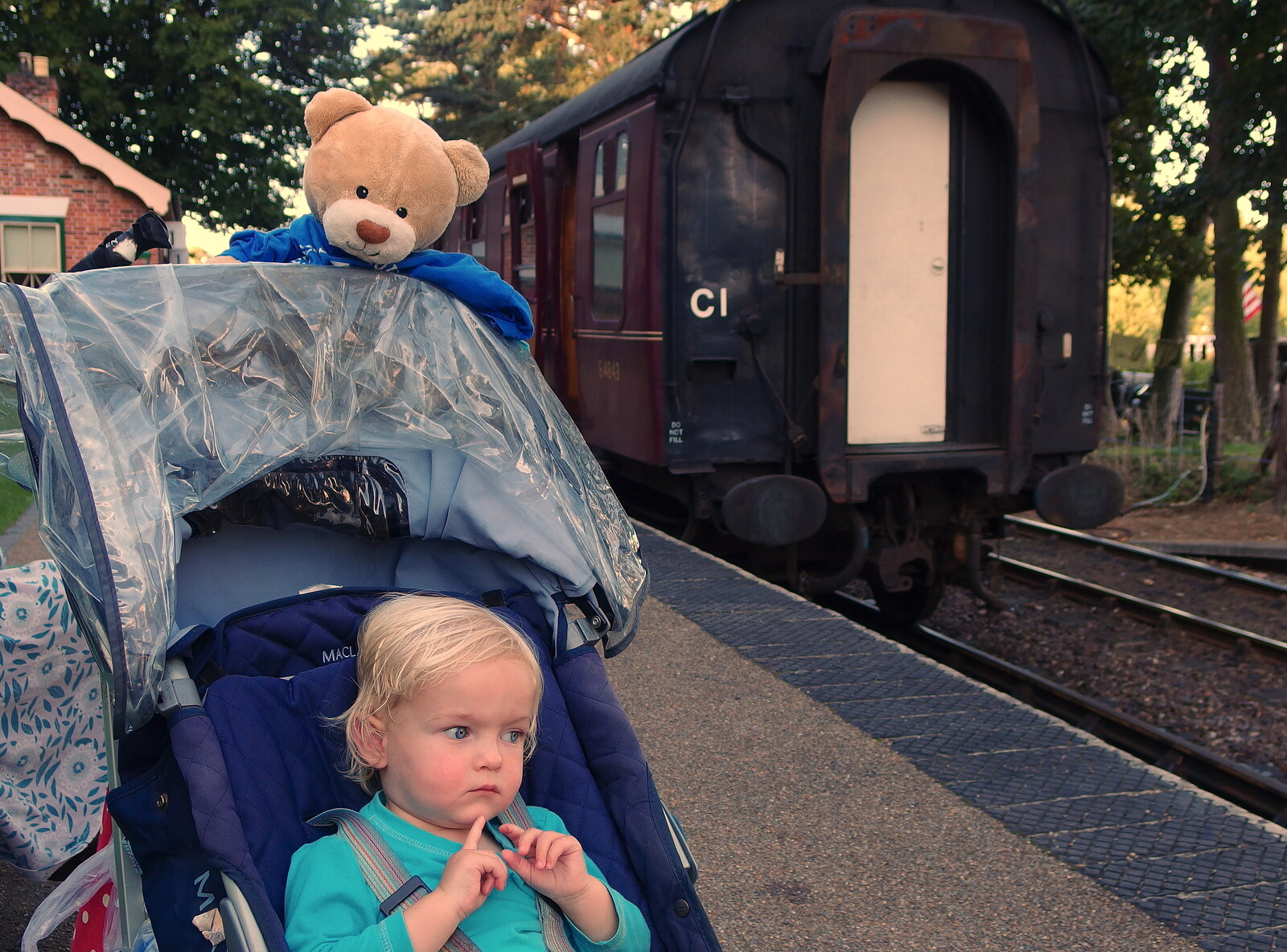 Paul Bear, Harry and a train from Paul Bear's Adventures at a 1940s Steam Weekend, Holt, Norfolk - 22nd September 2013