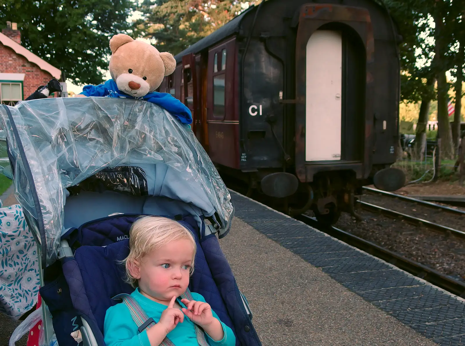 Paul Bear, Harry and a train, from Paul Bear's Adventures at a 1940s Steam Weekend, Holt, Norfolk - 22nd September 2013