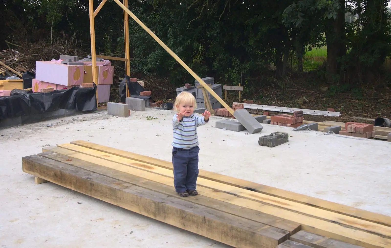 Harry walks on oak timbers, from Fred's Fifth Birthday, The Village Hall, Brome, Suffolk - 28th September 2013