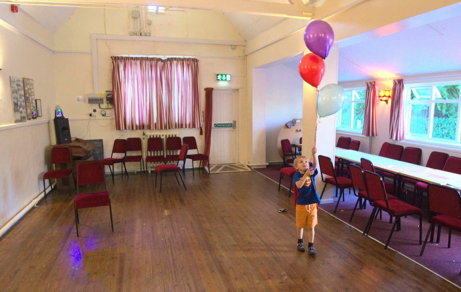 Fred dances alone with balloons from Fred's Fifth Birthday, The Village Hall, Brome, Suffolk - 28th September 2013