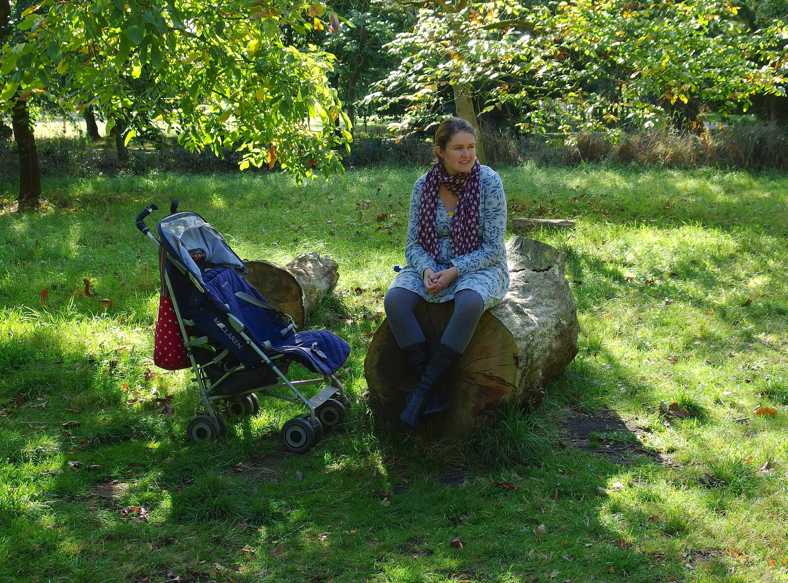 Isobel sits on a log from A Walk Around Thornham, and Jacqui Dankworth, Bungay, Suffolk - 6th October 2013