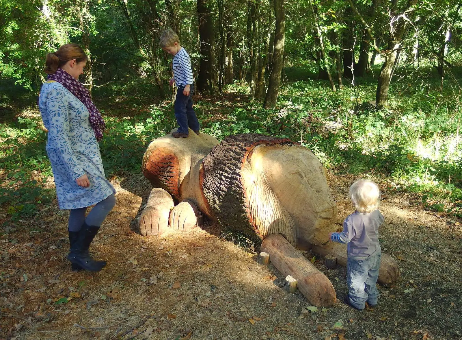 The boys on the new carved lion, from A Walk Around Thornham, and Jacqui Dankworth, Bungay, Suffolk - 6th October 2013