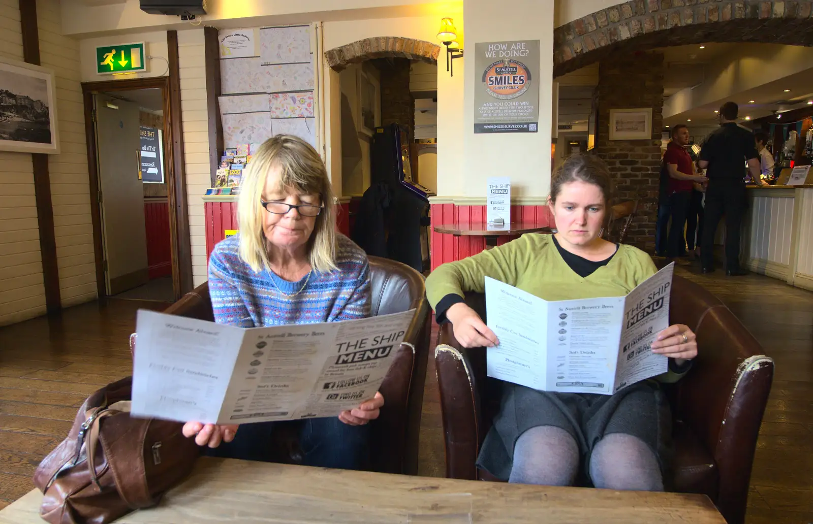 Grandma J and Isobel scope the menu in The Ship, from A Few Days in Spreyton, Devon - 26th October 2013