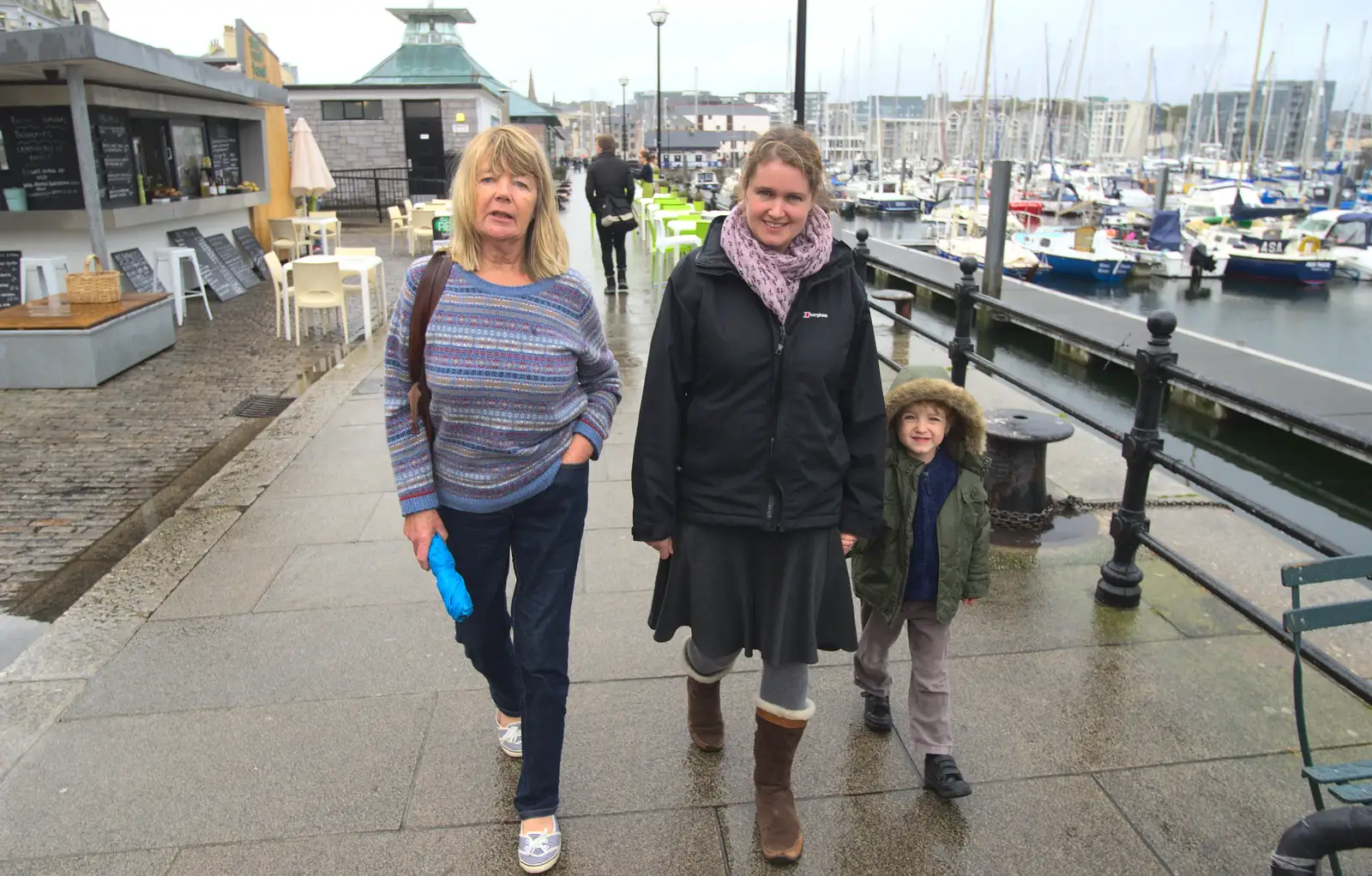 Mother, Isobel and Fred on the Barbican, from A Few Days in Spreyton, Devon - 26th October 2013