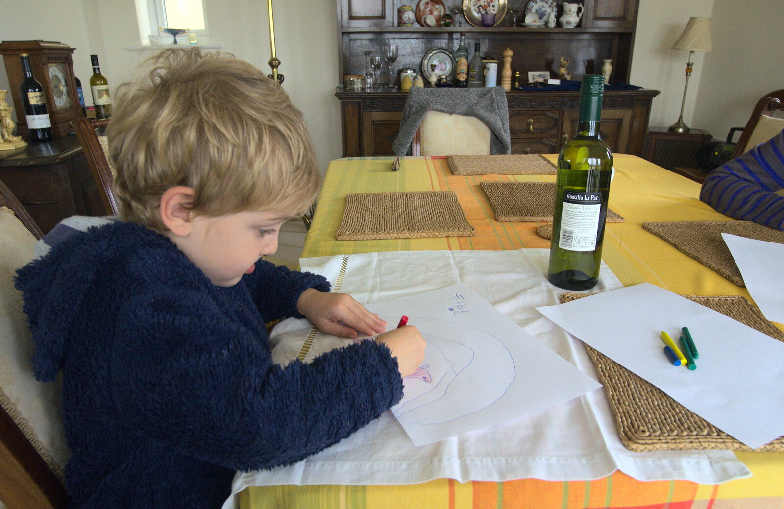 Fred draws on the dining-room table from A Few Days in Spreyton, Devon - 26th October 2013