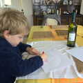 Fred draws on the dining-room table, A Few Days in Spreyton, Devon - 26th October 2013