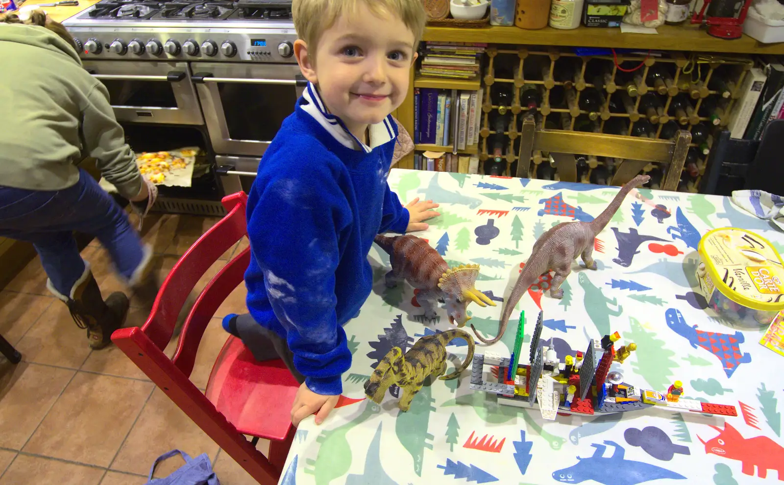 Fred with dinosaurs and Lego creations, from A November Miscellany and Building Progress, Thornham and Brome, Suffolk - 17th November 2013