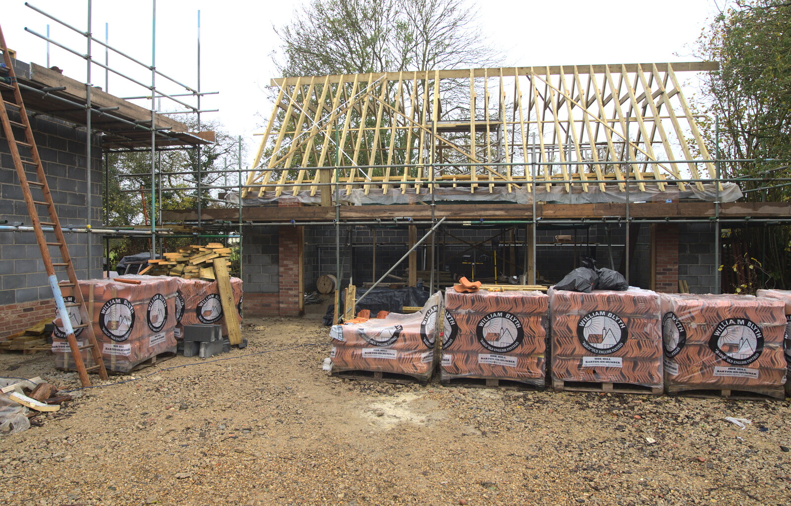 More Building and Palgrave Playground, Suffolk - 24th November 2013: Pallets of tiles ready for the new garage roof