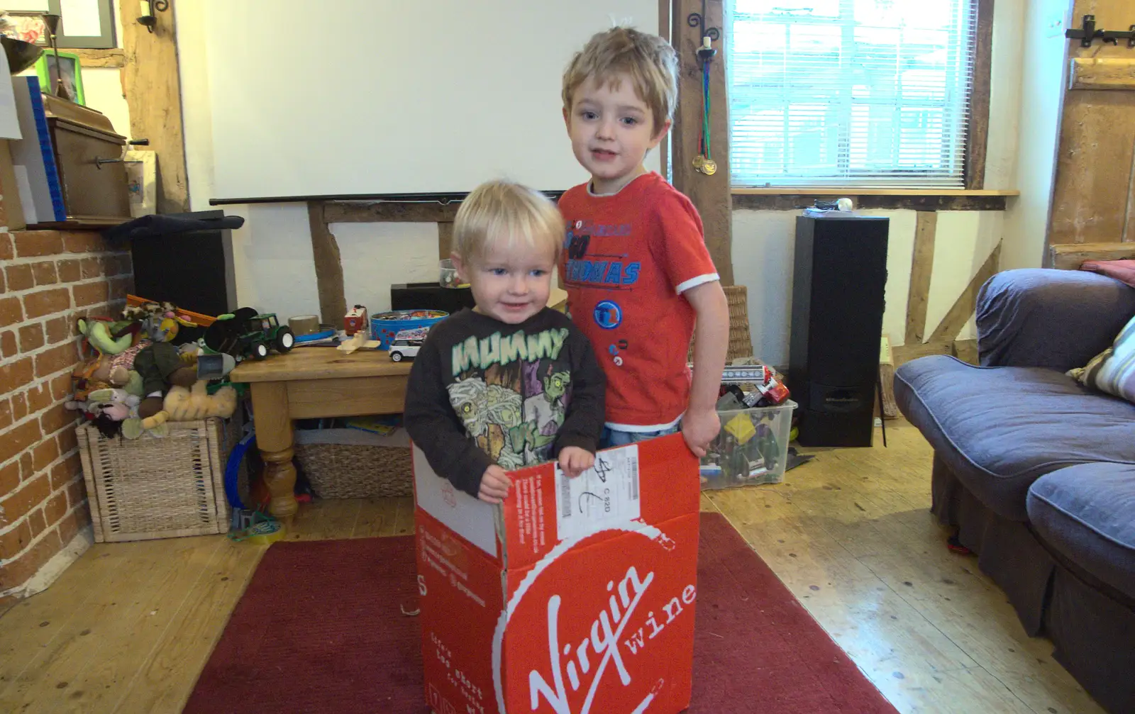 The boys are in a cardboard box, from More Building and Palgrave Playground, Suffolk - 24th November 2013