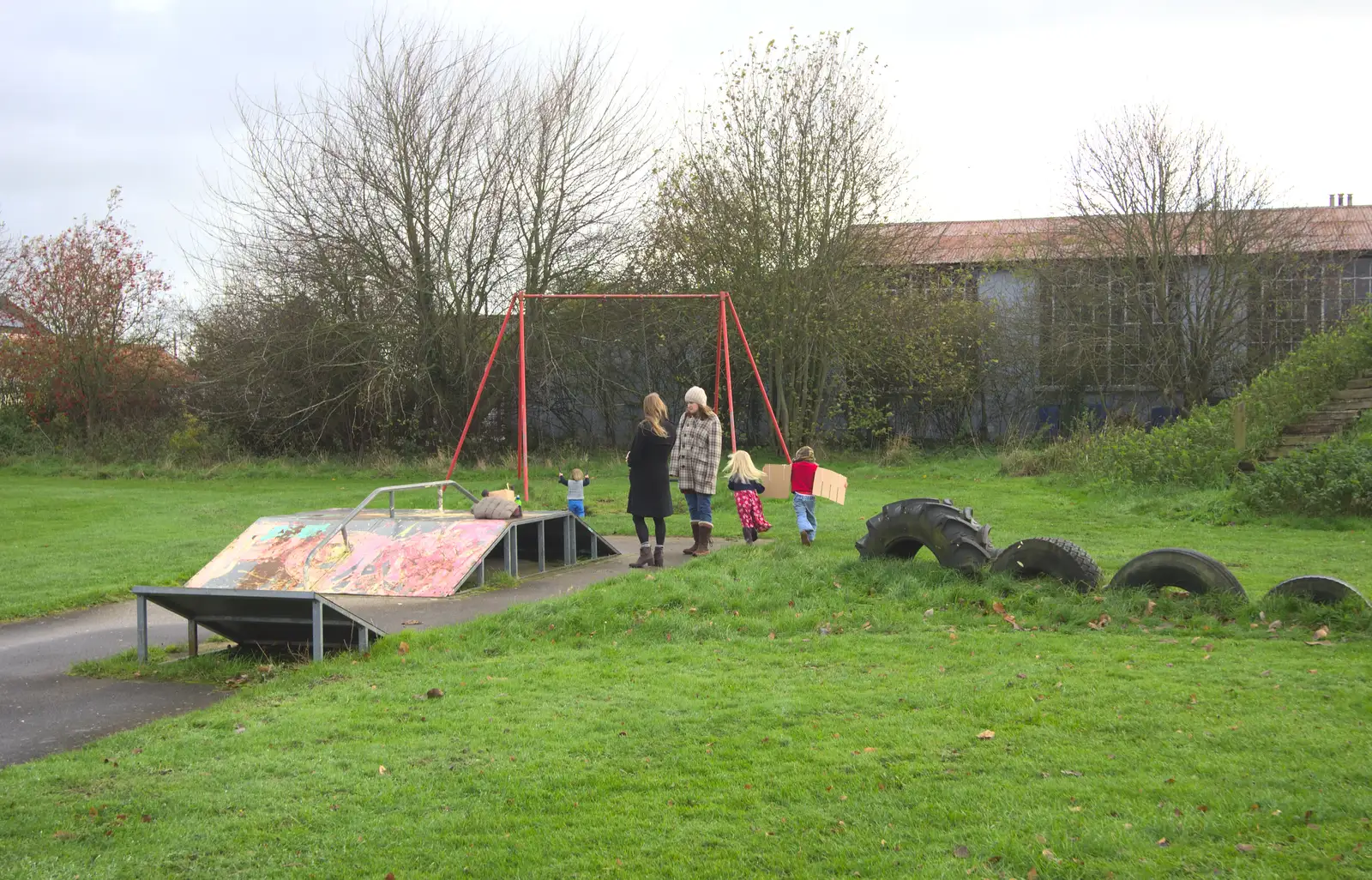 Hannah and Isobel discuss the playground, from More Building and Palgrave Playground, Suffolk - 24th November 2013