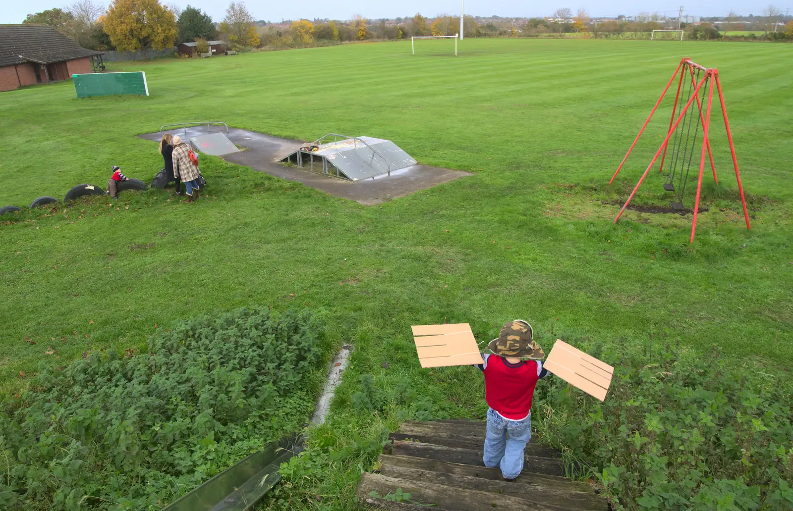 Fred goes flying, from More Building and Palgrave Playground, Suffolk - 24th November 2013